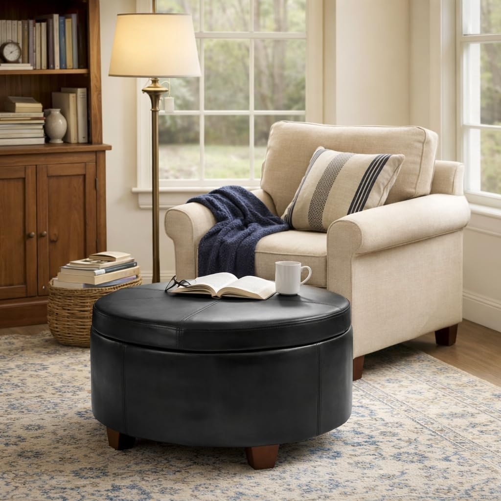 image:imageHomePop 24 Large Round Storage Ottoman Cream Textural WovenBlack Faux Leather