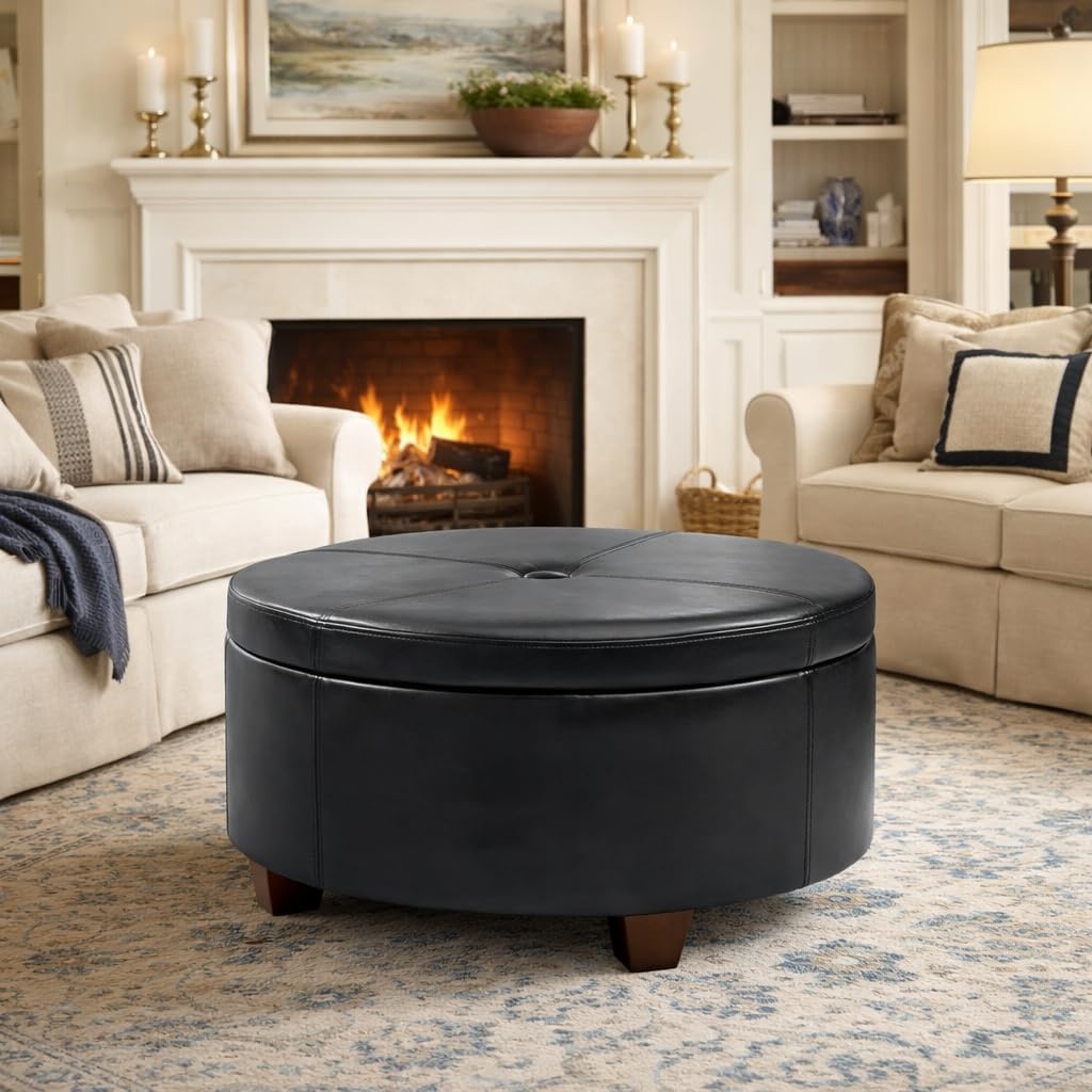 image:imageHomePop 24 Large Round Storage Ottoman Cream Textural WovenBlack Faux Leather