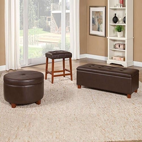 image:imageHomePop 24 Large Round Storage Ottoman Cream Textural WovenBrown Faux Leather