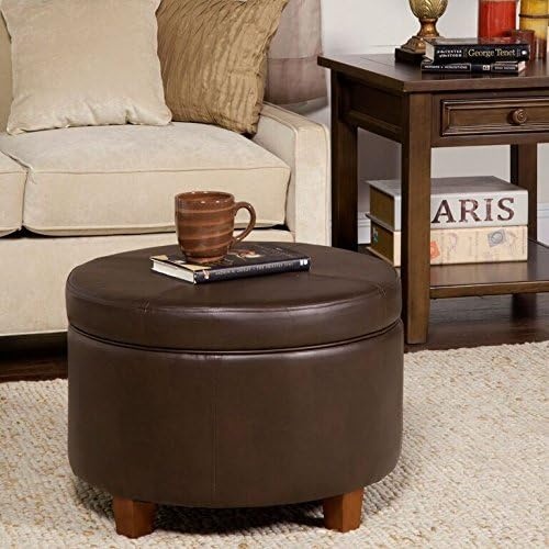 image:imageHomePop 24 Large Round Storage Ottoman Cream Textural WovenBrown Faux Leather