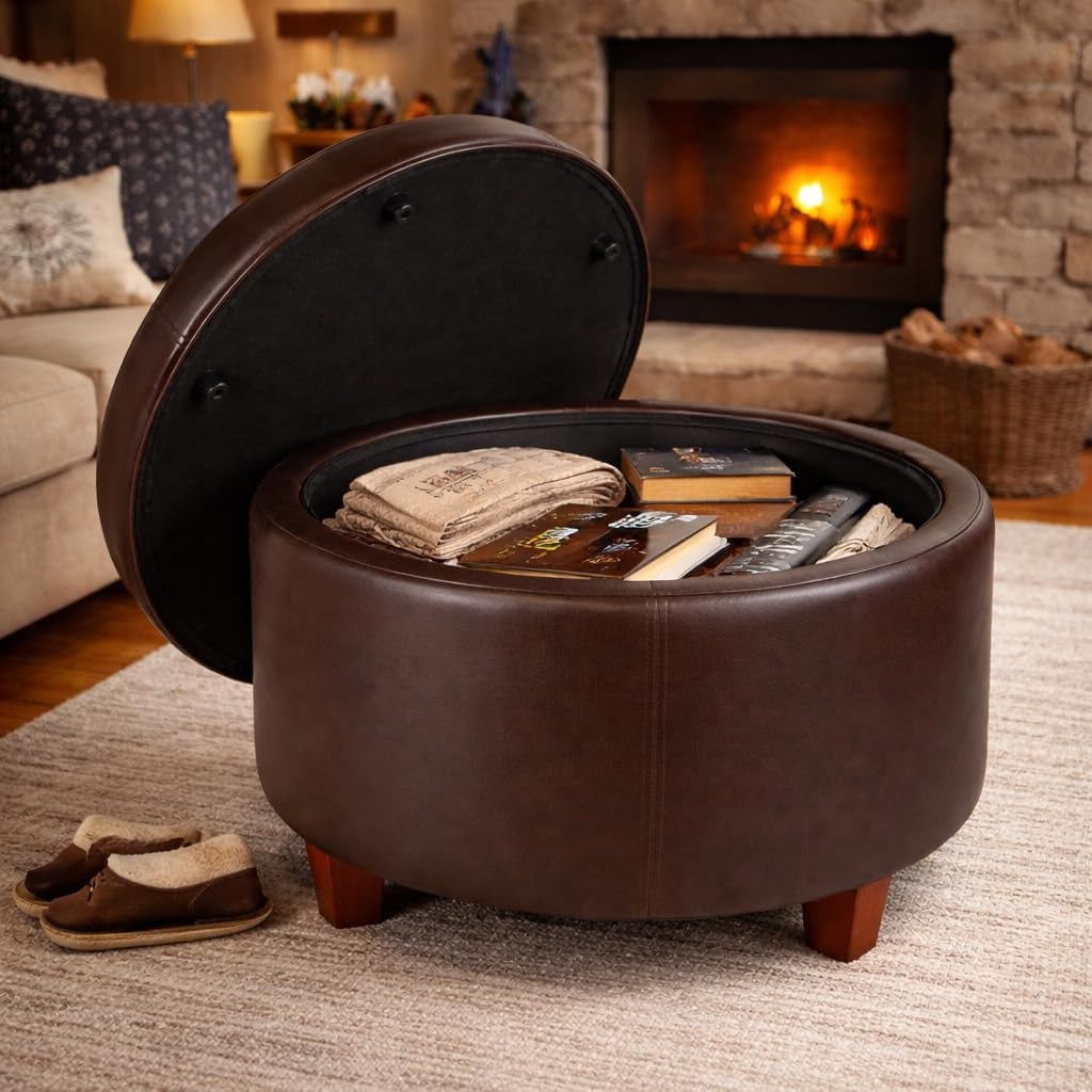 image:imageHomePop 24 Large Round Storage Ottoman Cream Textural WovenBrown Faux Leather