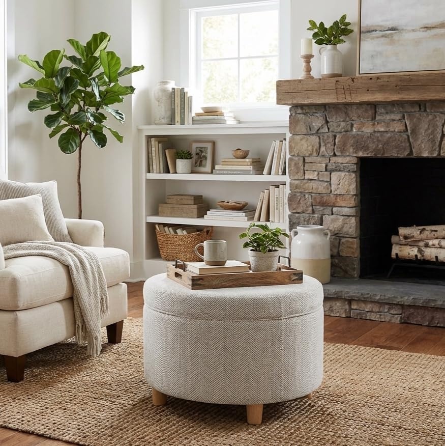 image:imageHomePop 24 Large Round Storage Ottoman Cream Textural WovenCream Chevron Woven
