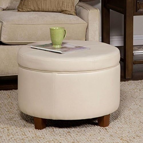 image:imageHomePop 24 Large Round Storage Ottoman Cream Textural WovenCream Faux Leather