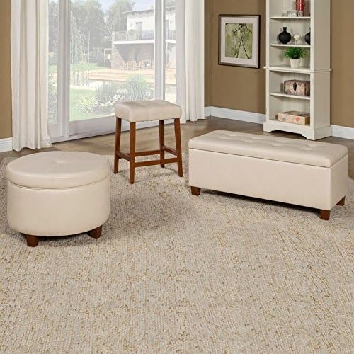 image:imageHomePop 24 Large Round Storage Ottoman Cream Textural WovenCream Faux Leather