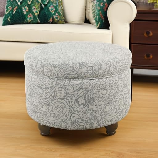 image:imageHomePop 24 Large Round Storage Ottoman Cream Textural WovenGray Floral