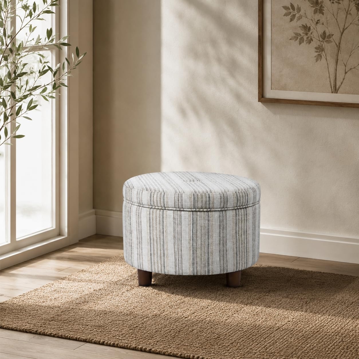 image:imageHomePop 24 Large Round Storage Ottoman Cream Textural WovenGray Striped Pattern