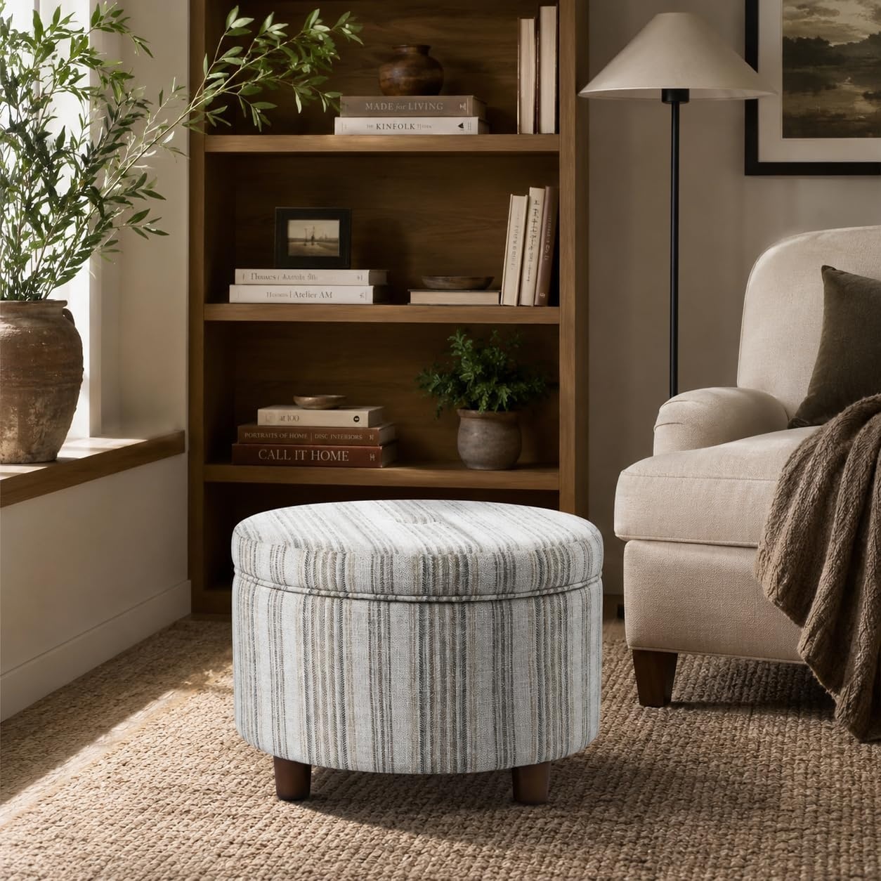 image:imageHomePop 24 Large Round Storage Ottoman Cream Textural WovenGray Striped Pattern