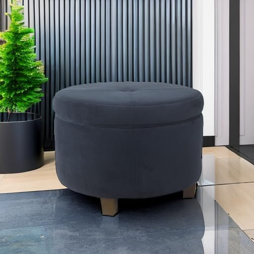 image:imageHomePop 24 Large Round Storage Ottoman Cream Textural WovenNavy