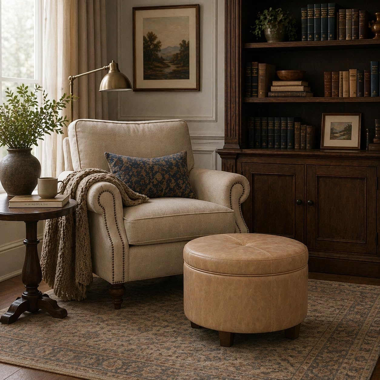 image:imageHomePop 24 Large Round Storage Ottoman Cream Textural WovenSand Faux Leather
