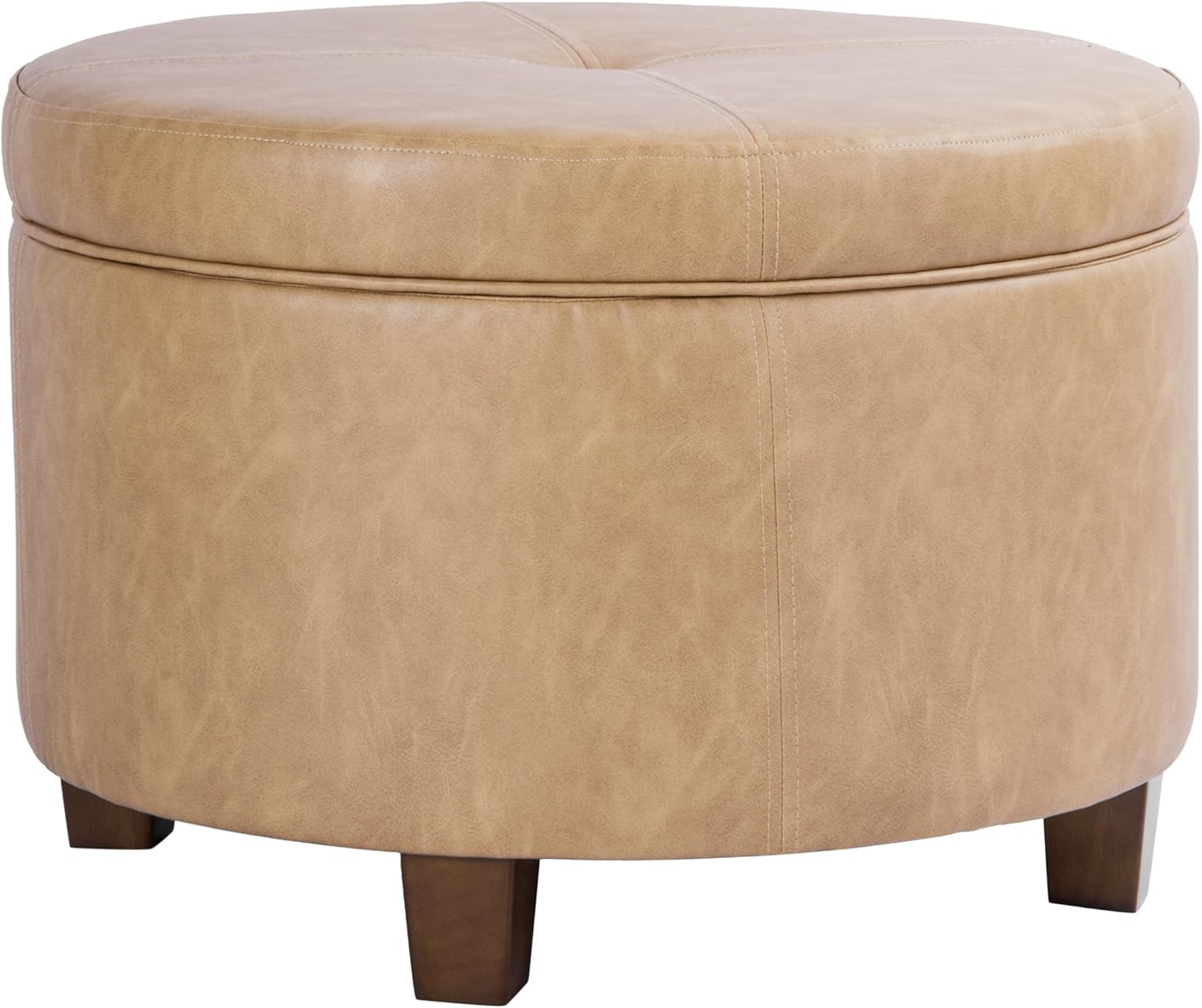 image:imageHomePop 24 Large Round Storage Ottoman Cream Textural WovenSand Faux Leather