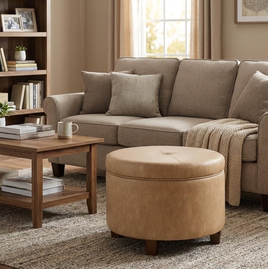 image:imageHomePop 24 Large Round Storage Ottoman Cream Textural WovenSand Faux Leather