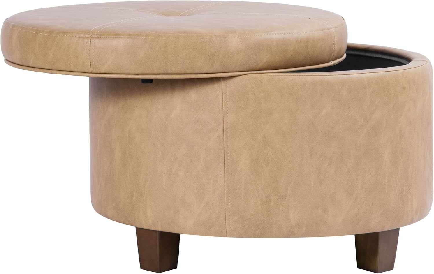 image:imageHomePop 24 Large Round Storage Ottoman Cream Textural WovenSand Faux Leather