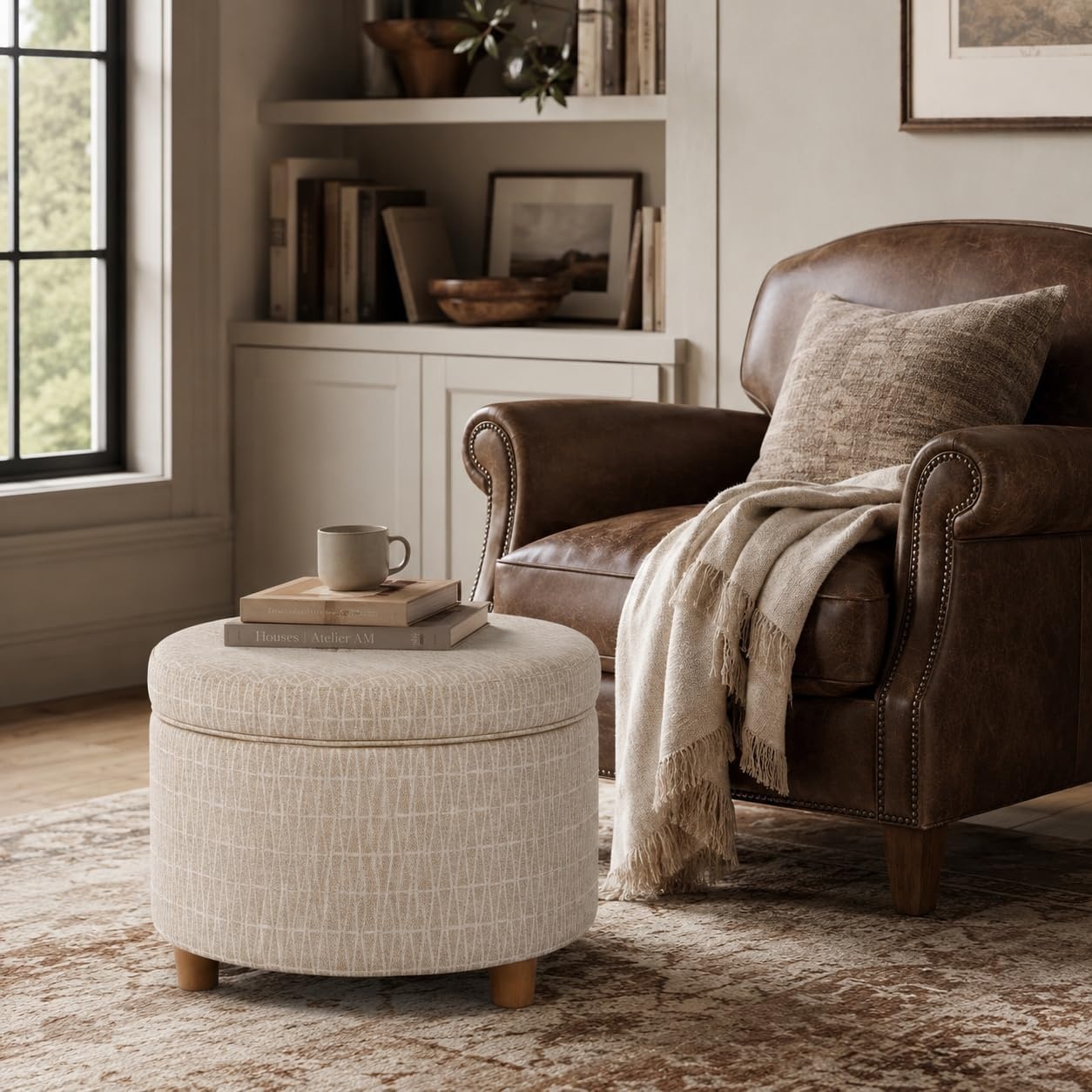image:imageHomePop 24 Large Round Storage Ottoman Cream Textural WovenTan Geometric Pattern