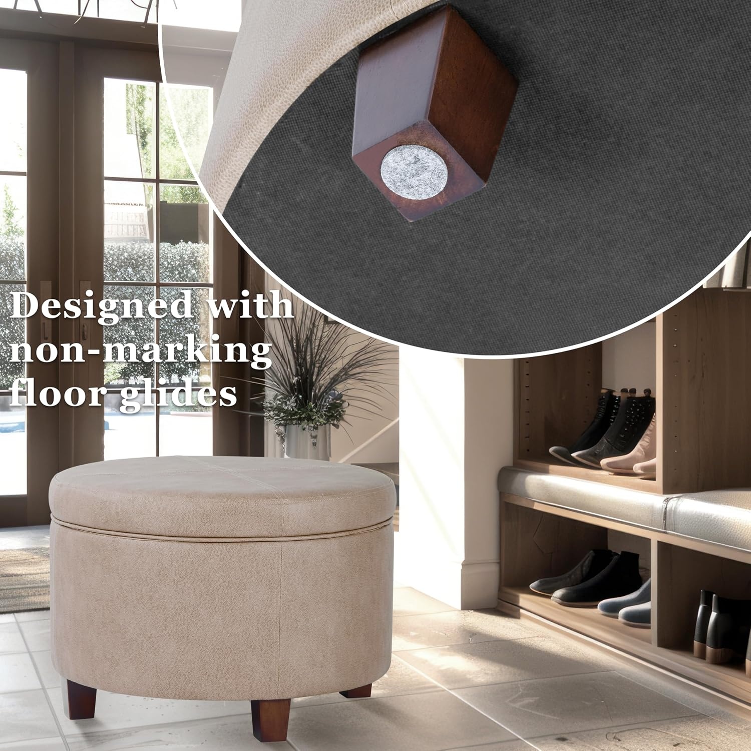 image:imageHomePop 24 Large Round Storage Ottoman Cream Textural WovenTaupe Brown