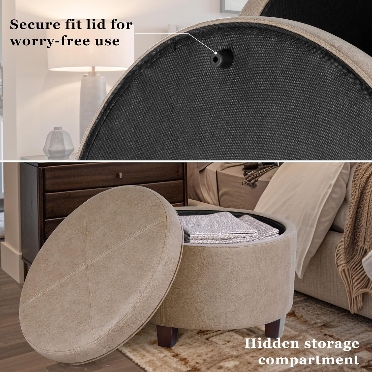 image:imageHomePop 24 Large Round Storage Ottoman Cream Textural WovenTaupe Brown
