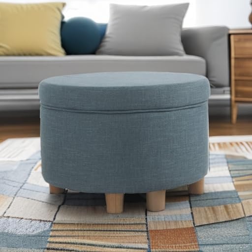 image:imageHomePop 24 Large Round Storage Ottoman Cream Textural WovenTeal Linen