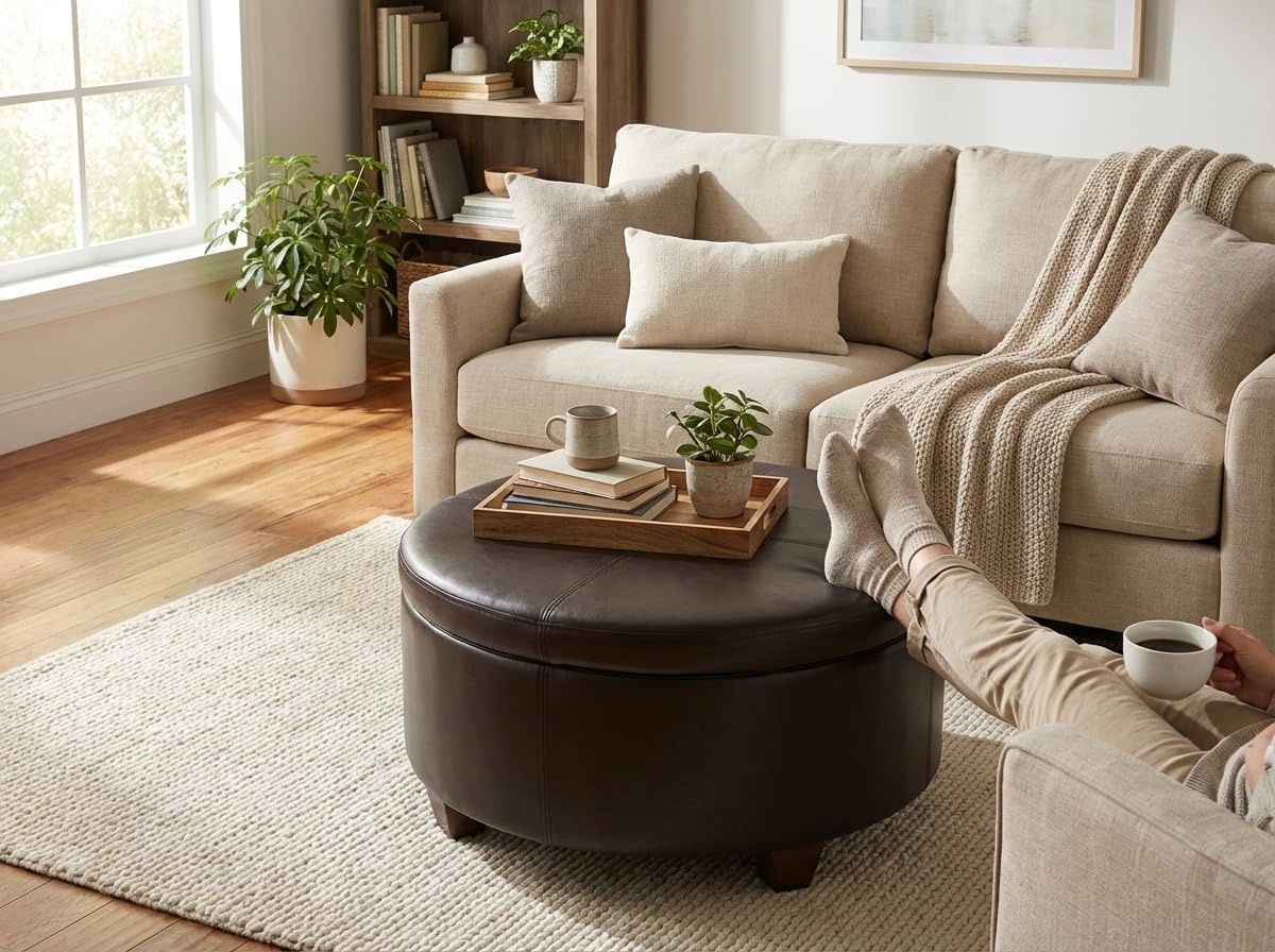 image:imageHomePop 24 Large Round Storage Ottoman Cream Textural WovenVintage Brown Faux Leather