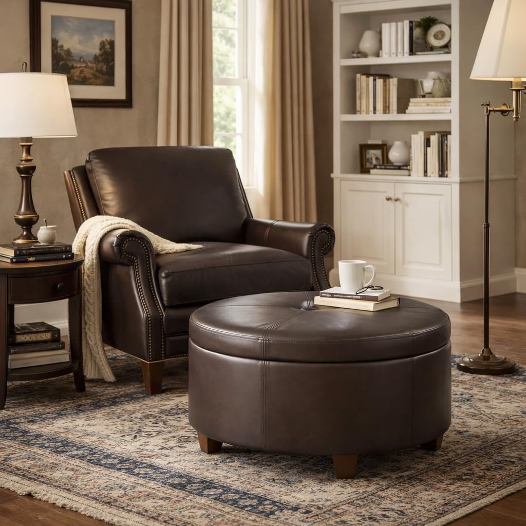 image:imageHomePop 24 Large Round Storage Ottoman Cream Textural WovenVintage Brown Faux Leather