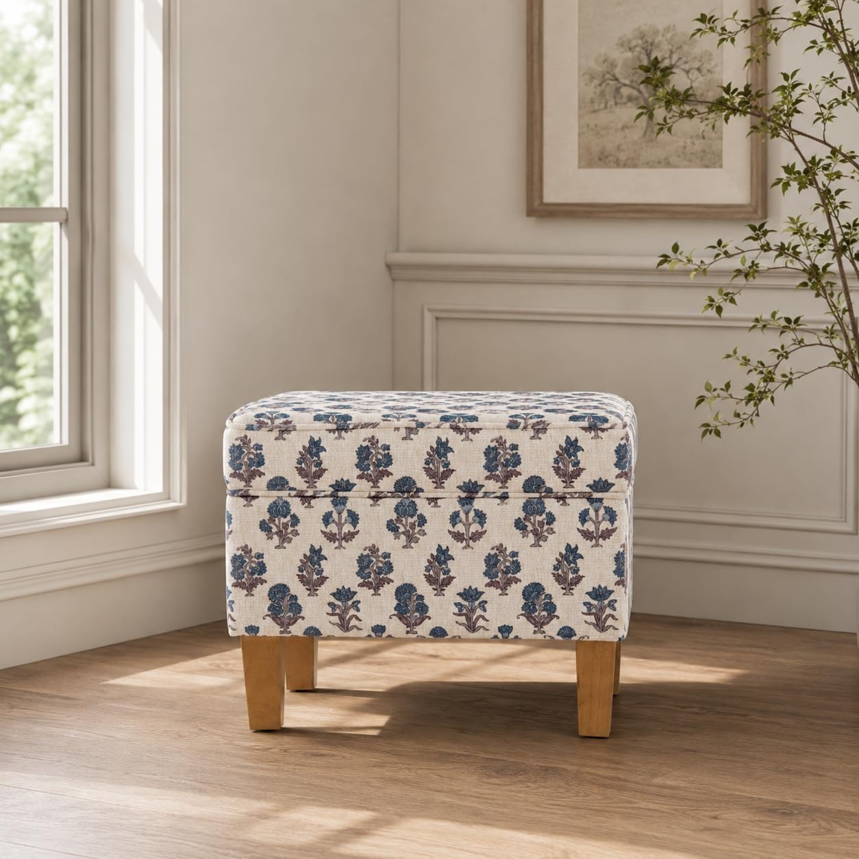 image:imageHomePop 24 Medium Storage Ottoman Cream Chevron WovenBlue Floral Pattern