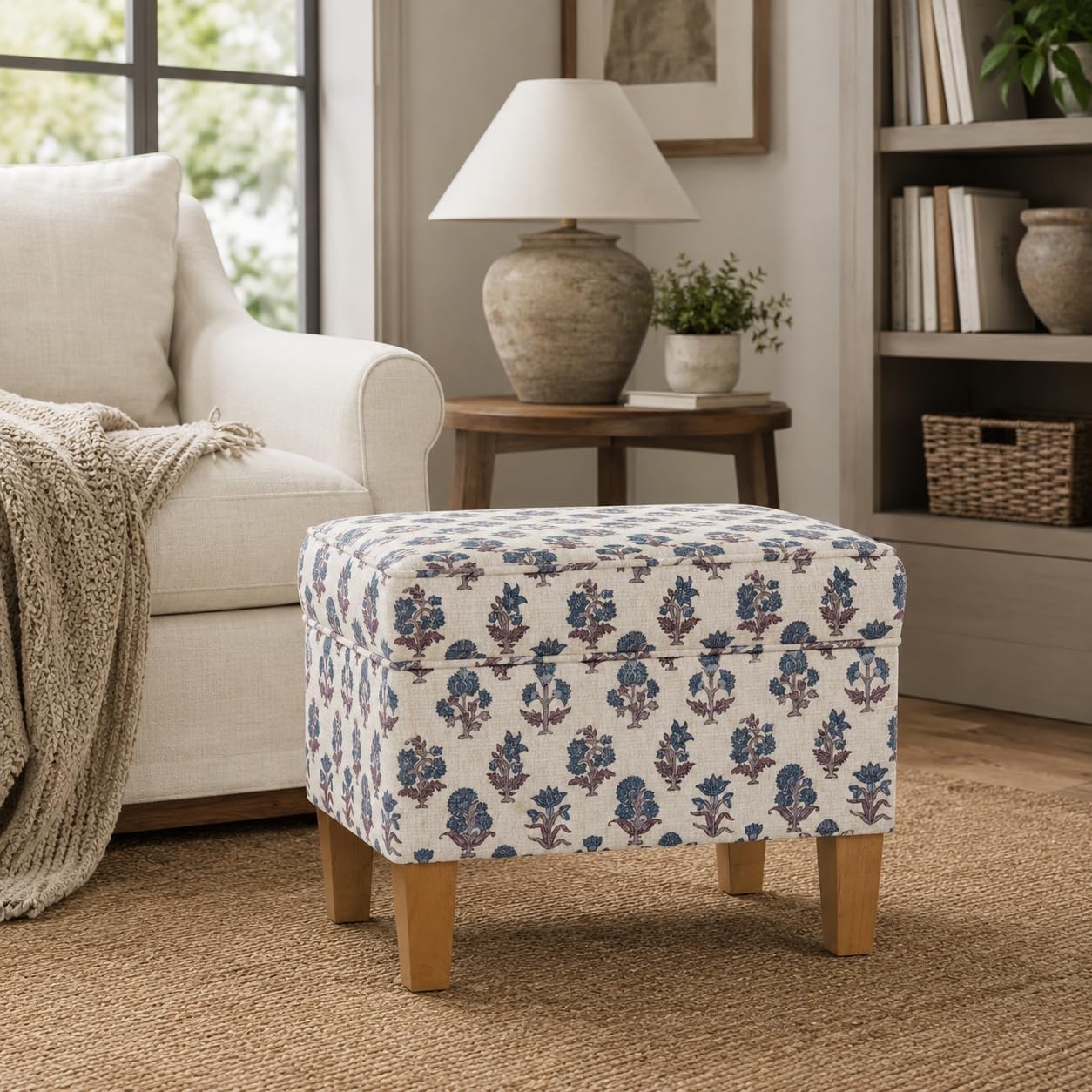 image:imageHomePop 24 Medium Storage Ottoman Cream Chevron WovenBlue Floral Pattern