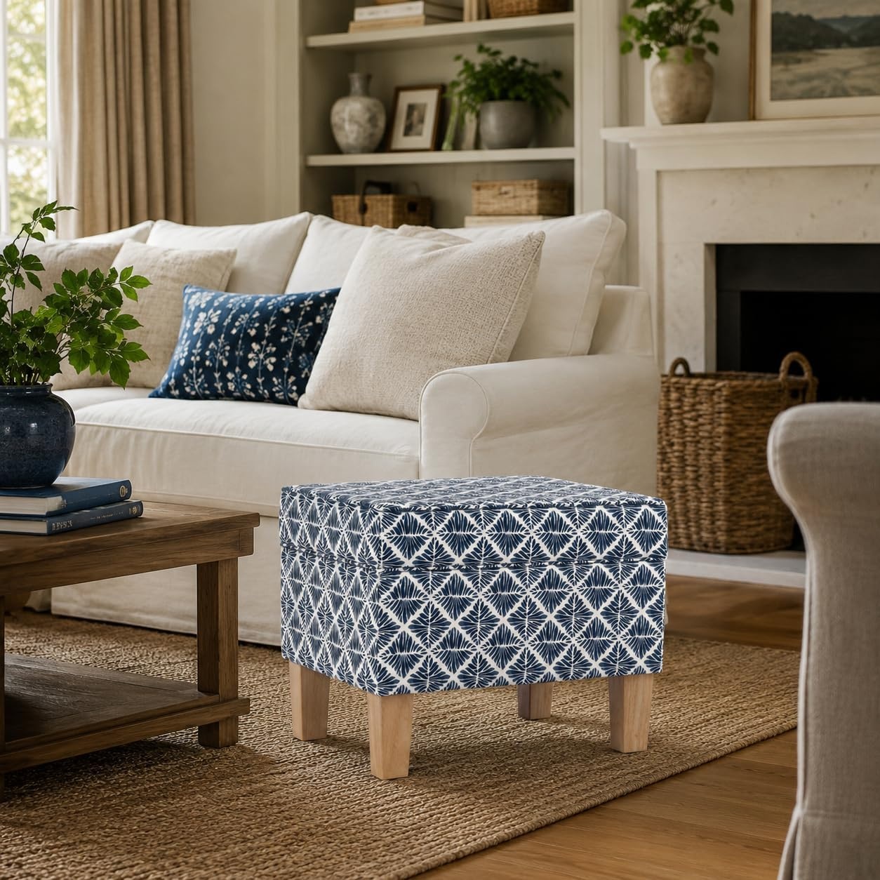 image:imageHomePop 24 Medium Storage Ottoman Cream Chevron WovenBlue Geometric Pattern