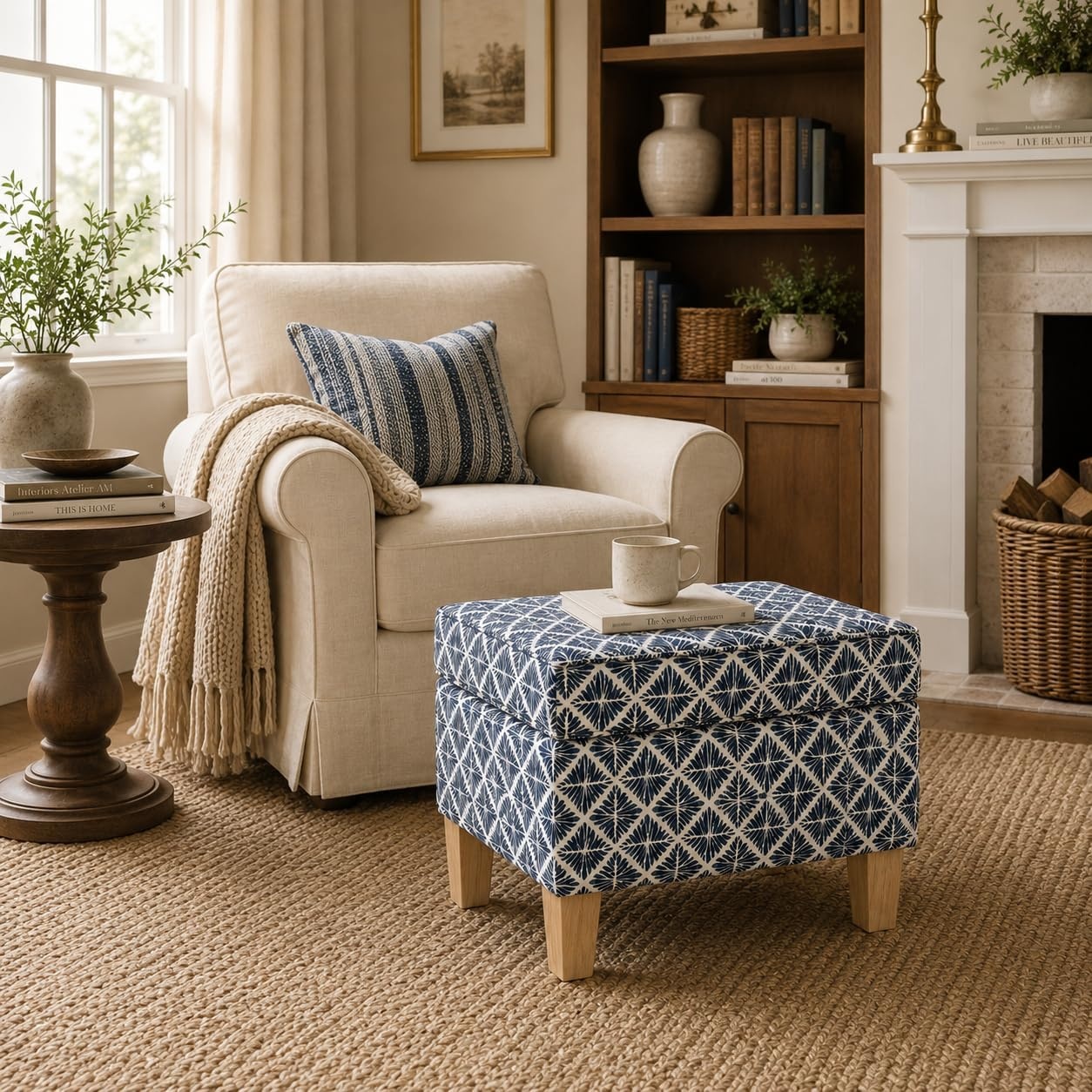 image:imageHomePop 24 Medium Storage Ottoman Cream Chevron WovenBlue Geometric Pattern