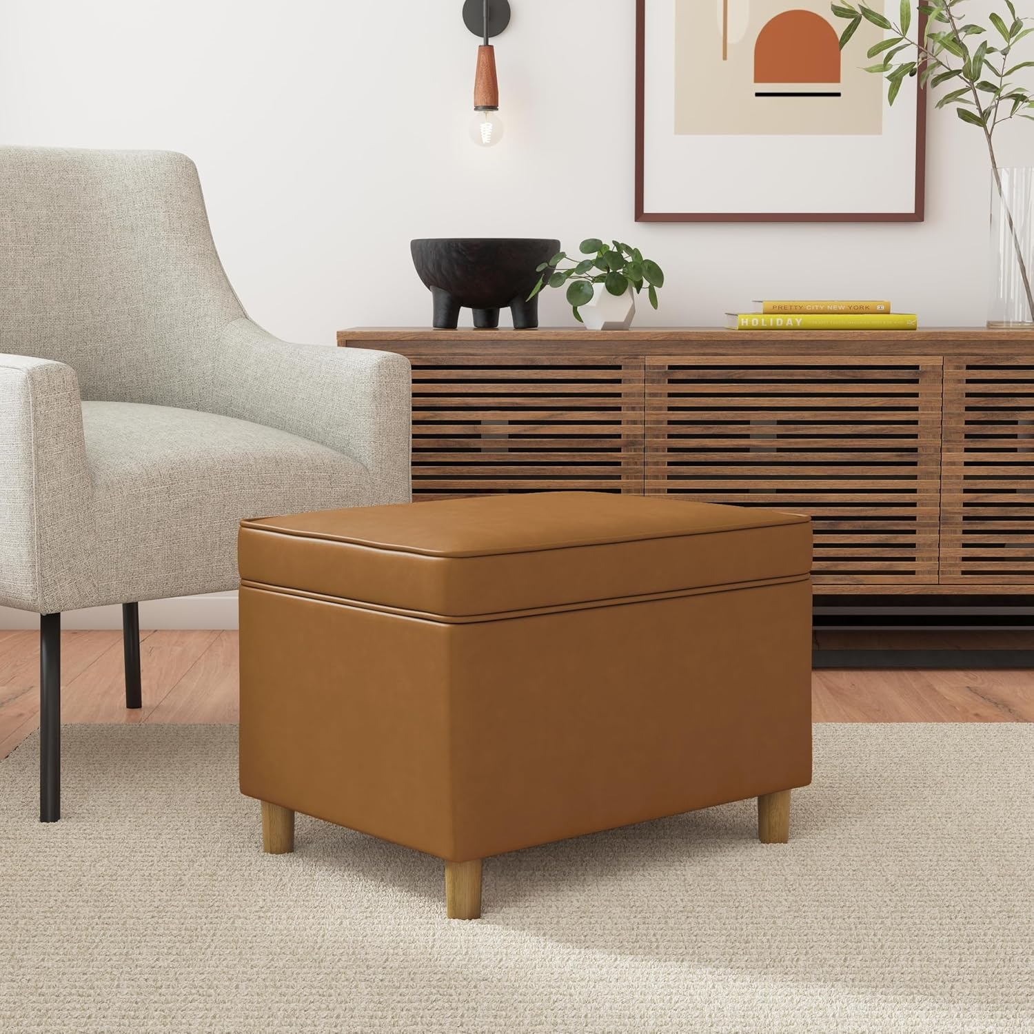 image:imageHomePop 24 Medium Storage Ottoman Cream Chevron WovenCarmel Faux Leather