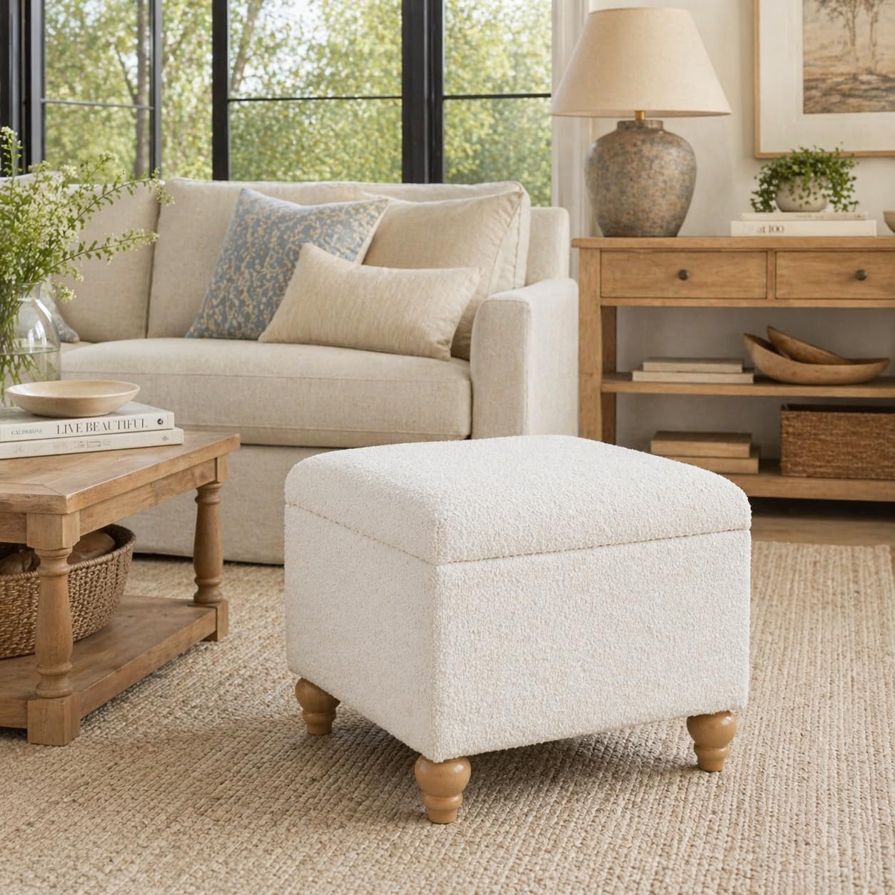 image:imageHomePop 24 Medium Storage Ottoman Cream Chevron WovenCream Boucle