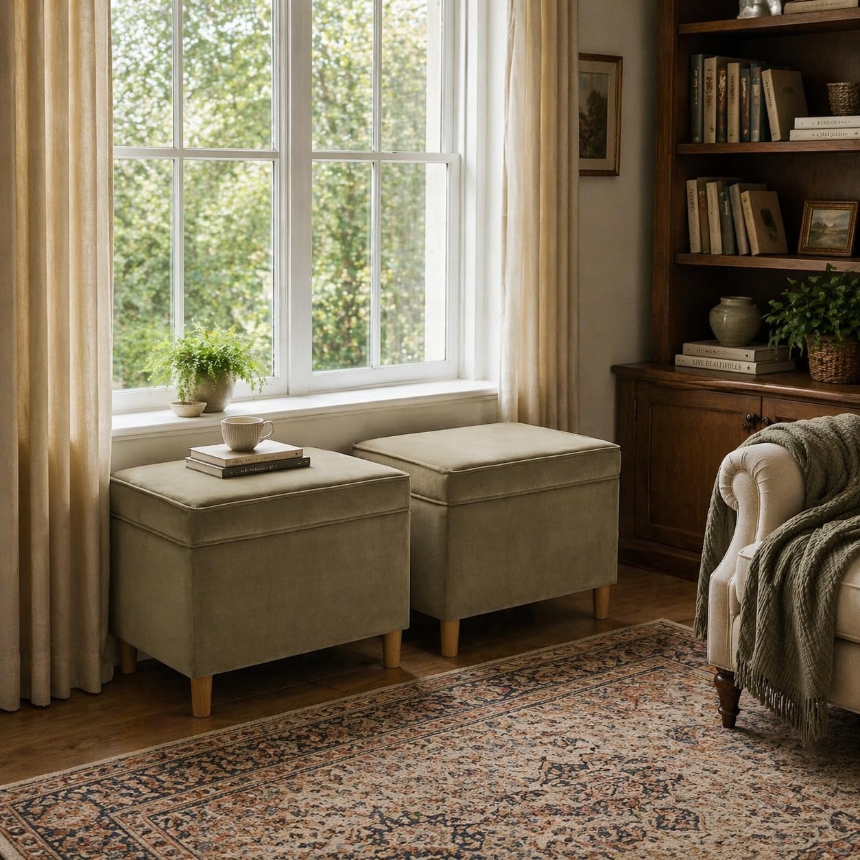 image:imageHomePop 24 Medium Storage Ottoman Cream Chevron WovenLight Sage Green Velvet