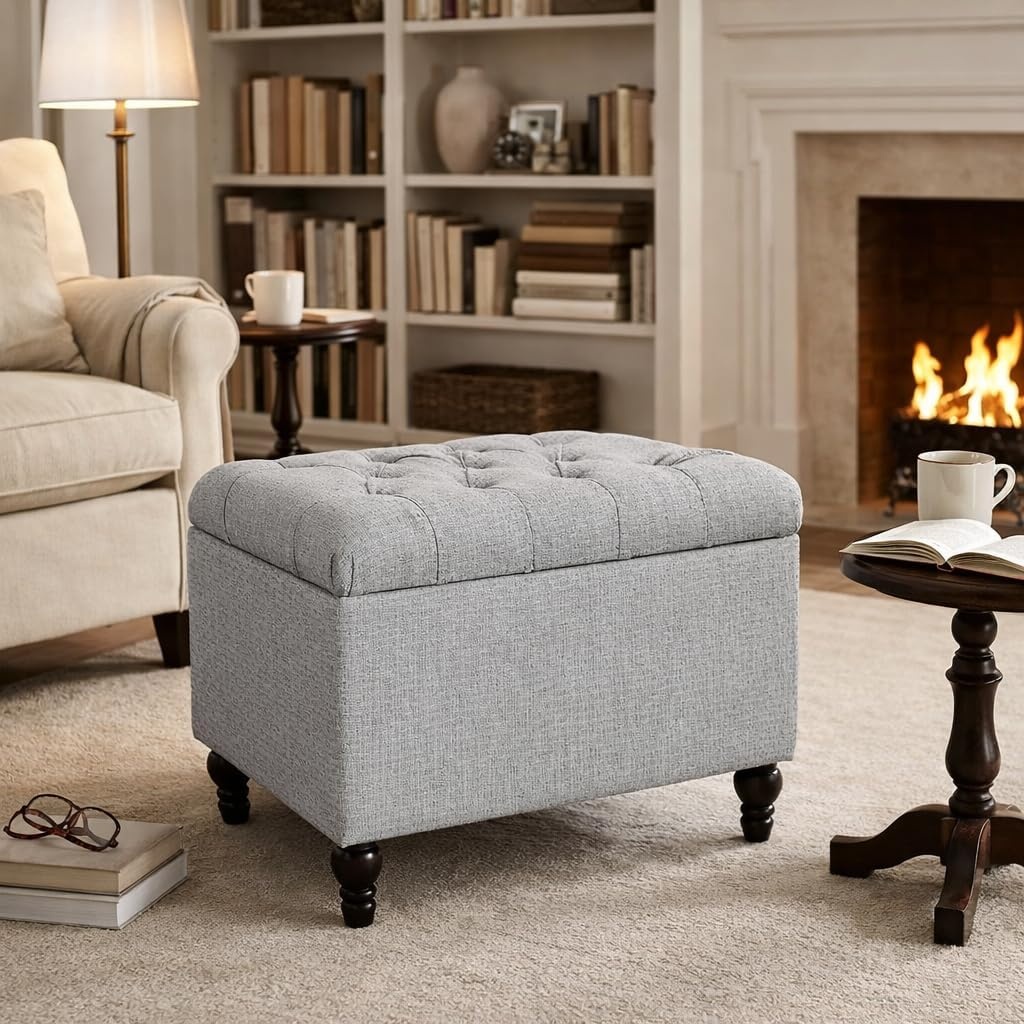 image:imageHomePop 24 Medium Storage Ottoman Cream Chevron WovenPewter Gray