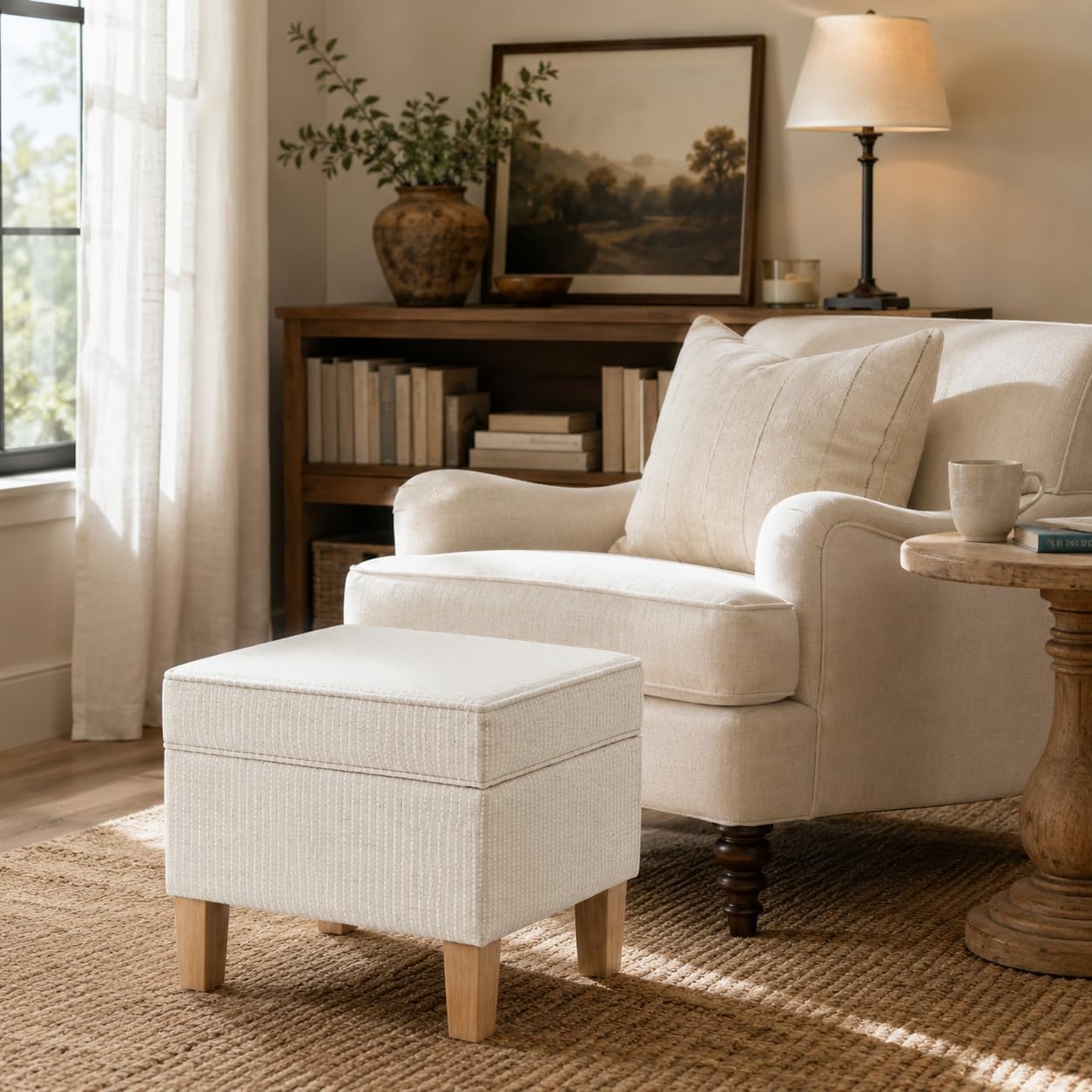 image:imageHomePop 24 Medium Storage Ottoman Cream Chevron WovenWhite Woven Stripe