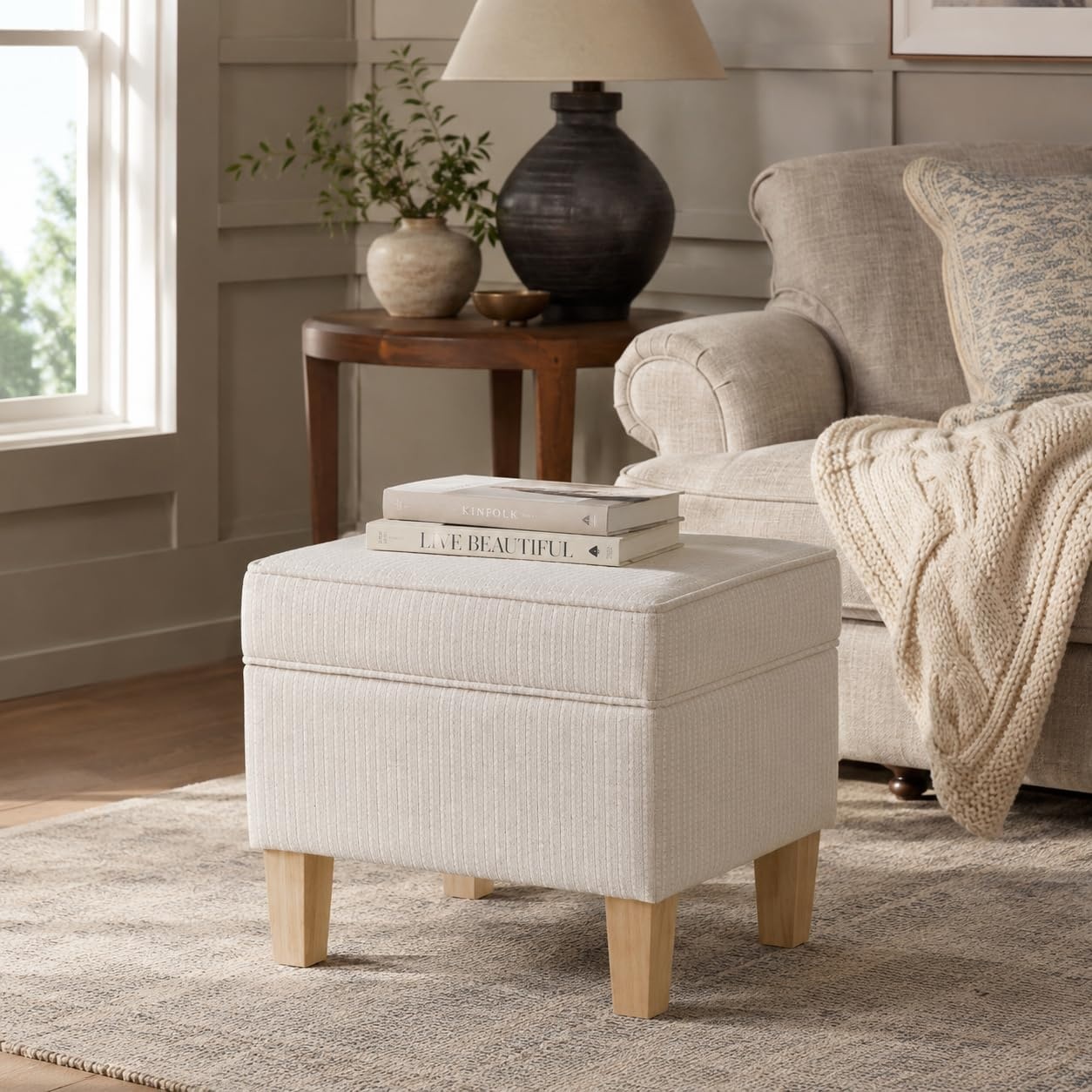image:imageHomePop 24 Medium Storage Ottoman Cream Chevron WovenWhite Woven Stripe