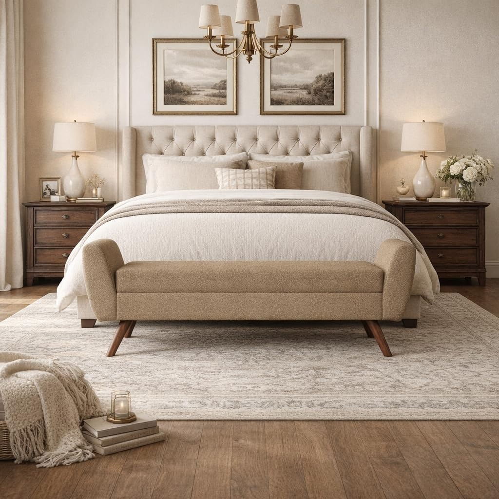 image:imageHomePop 60 Modern Storage Bench with Wood Legs Sand Faux LeatherBrown