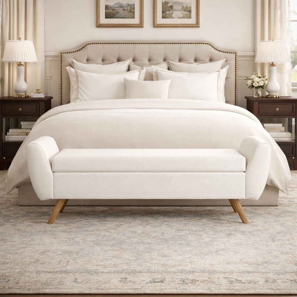 image:imageHomePop 60 Modern Storage Bench with Wood Legs Sand Faux LeatherCream Woven