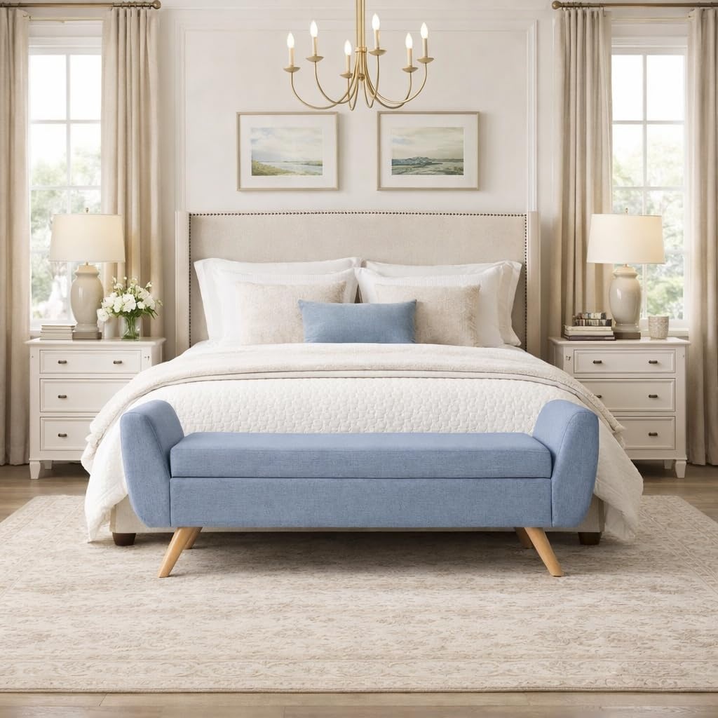 image:imageHomePop 60 Modern Storage Bench with Wood Legs Sand Faux LeatherFrench Blue Woven