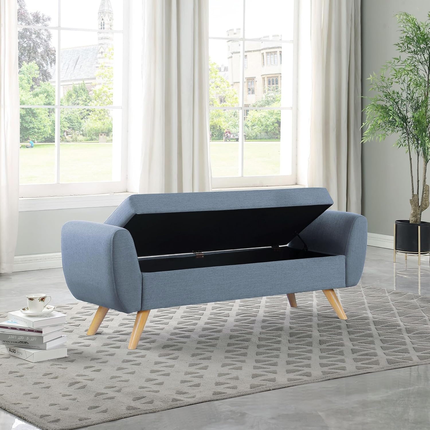 image:imageHomePop 60 Modern Storage Bench with Wood Legs Sand Faux LeatherFrench Blue Woven