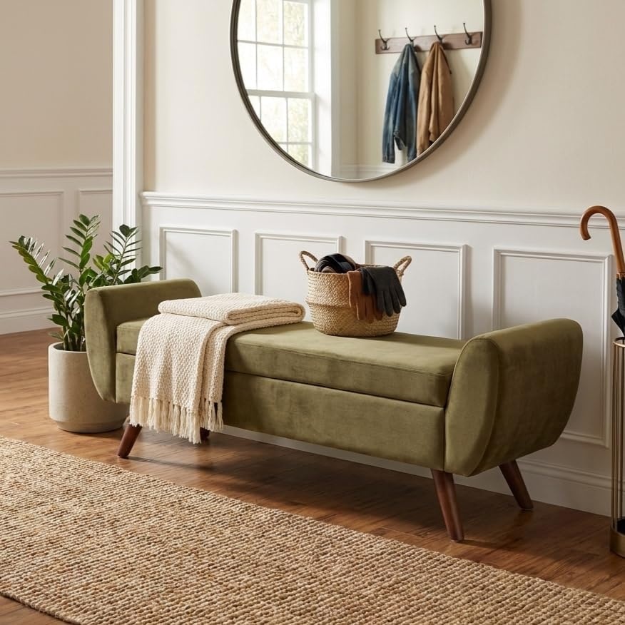 image:imageHomePop 60 Modern Storage Bench with Wood Legs Sand Faux LeatherLight Sage Green Velvet