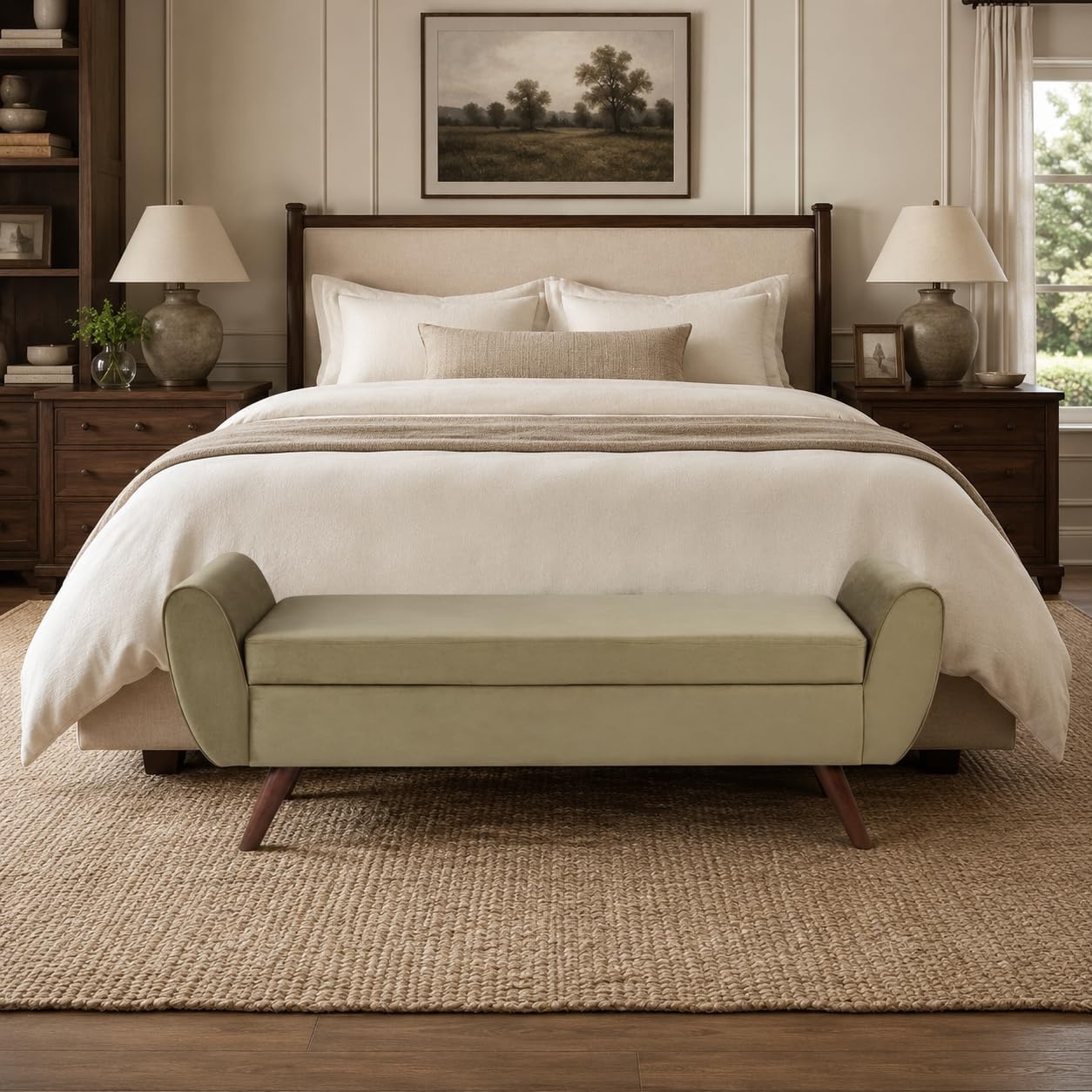 image:imageHomePop 60 Modern Storage Bench with Wood Legs Sand Faux LeatherLight Sage Green Velvet