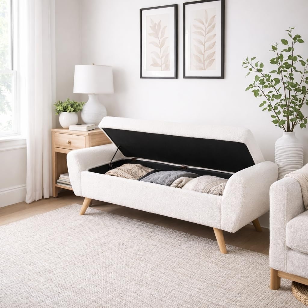 image:imageHomePop 60 Modern Storage Bench with Wood Legs Sand Faux LeatherSherpa Cream