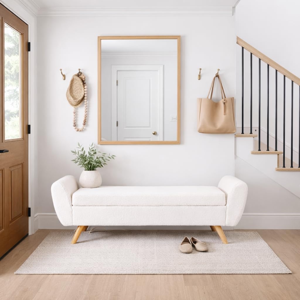 image:imageHomePop 60 Modern Storage Bench with Wood Legs Sand Faux LeatherSherpa Cream