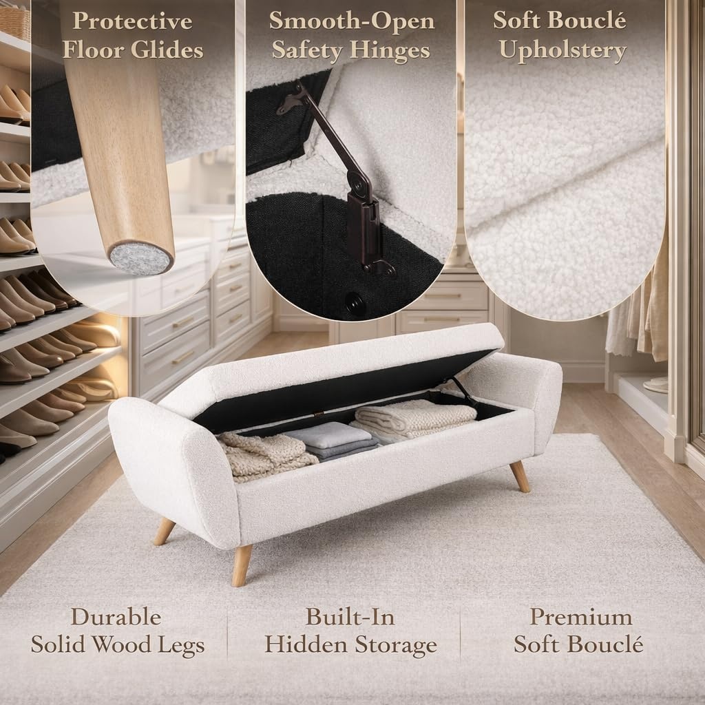 image:imageHomePop 60 Modern Storage Bench with Wood Legs Sand Faux LeatherSherpa Cream