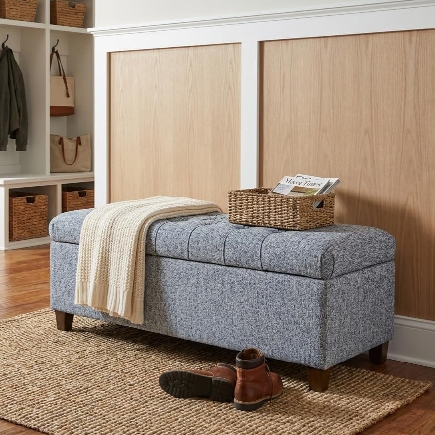 image:imageHomePop Malmo 36 Storage Bench Gray Striped PatternBlue Gray Woven Fabric