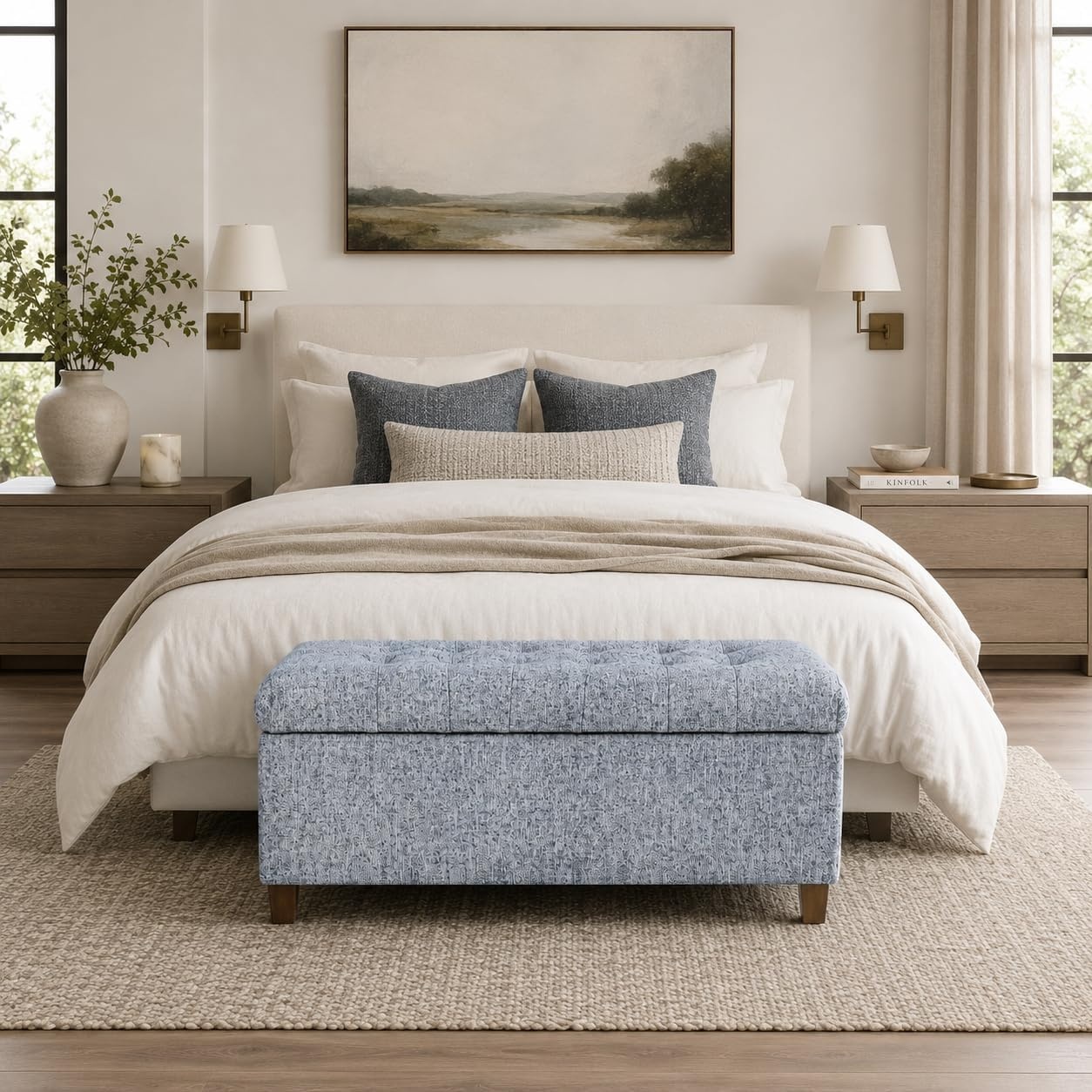 image:imageHomePop Malmo 36 Storage Bench Gray Striped PatternBlue Gray Woven Fabric