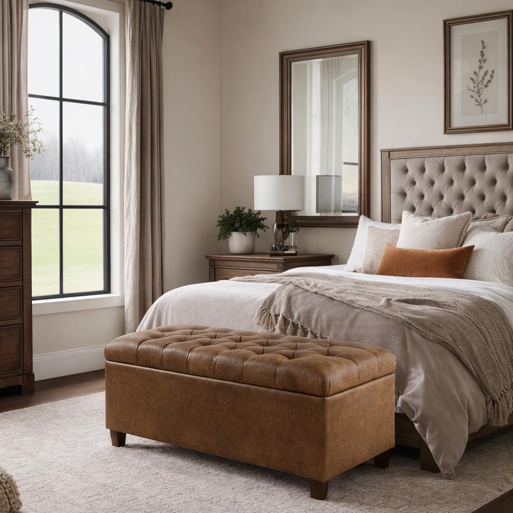 image:imageHomePop Malmo 36 Storage Bench Gray Striped PatternDistressed Brown Faux Leather