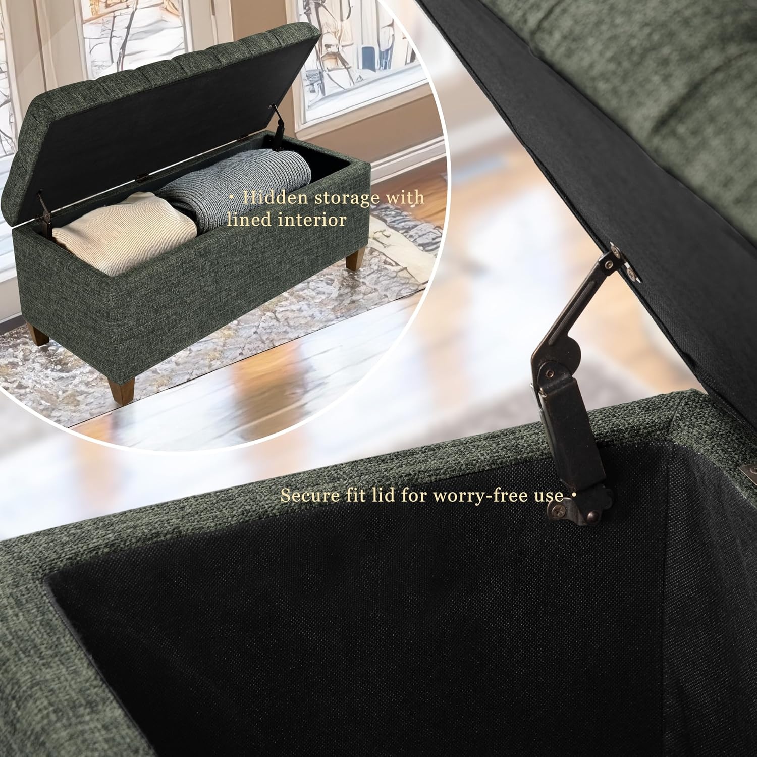 image:imageHomePop Malmo 36 Storage Bench Gray Striped PatternGreen Clover Fabric