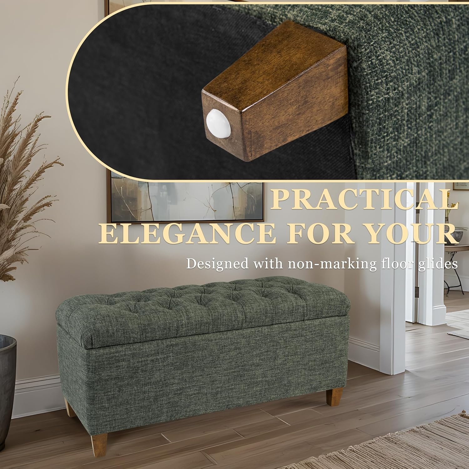image:imageHomePop Malmo 36 Storage Bench Gray Striped PatternGreen Clover Fabric