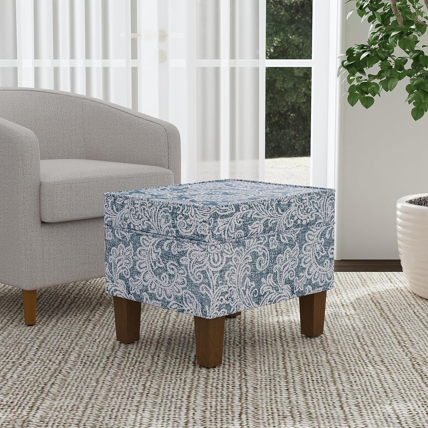 image:imageSpatial Order 24 Medium Tufted Storage Ottoman Espresso Brown Faux LeatherBlue Denim Jacobean Print