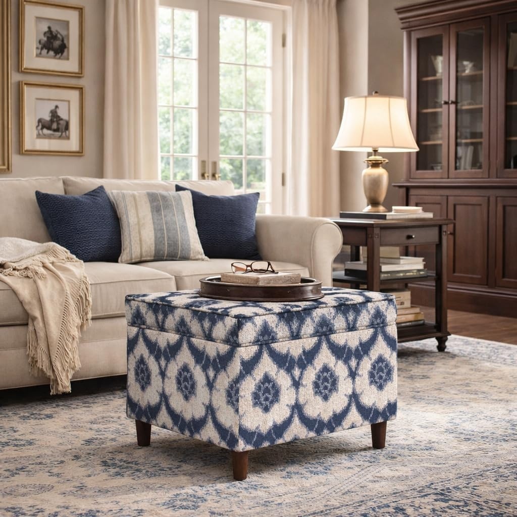 image:imageSpatial Order 24 Medium Tufted Storage Ottoman Espresso Brown Faux LeatherBlue Medallion Print