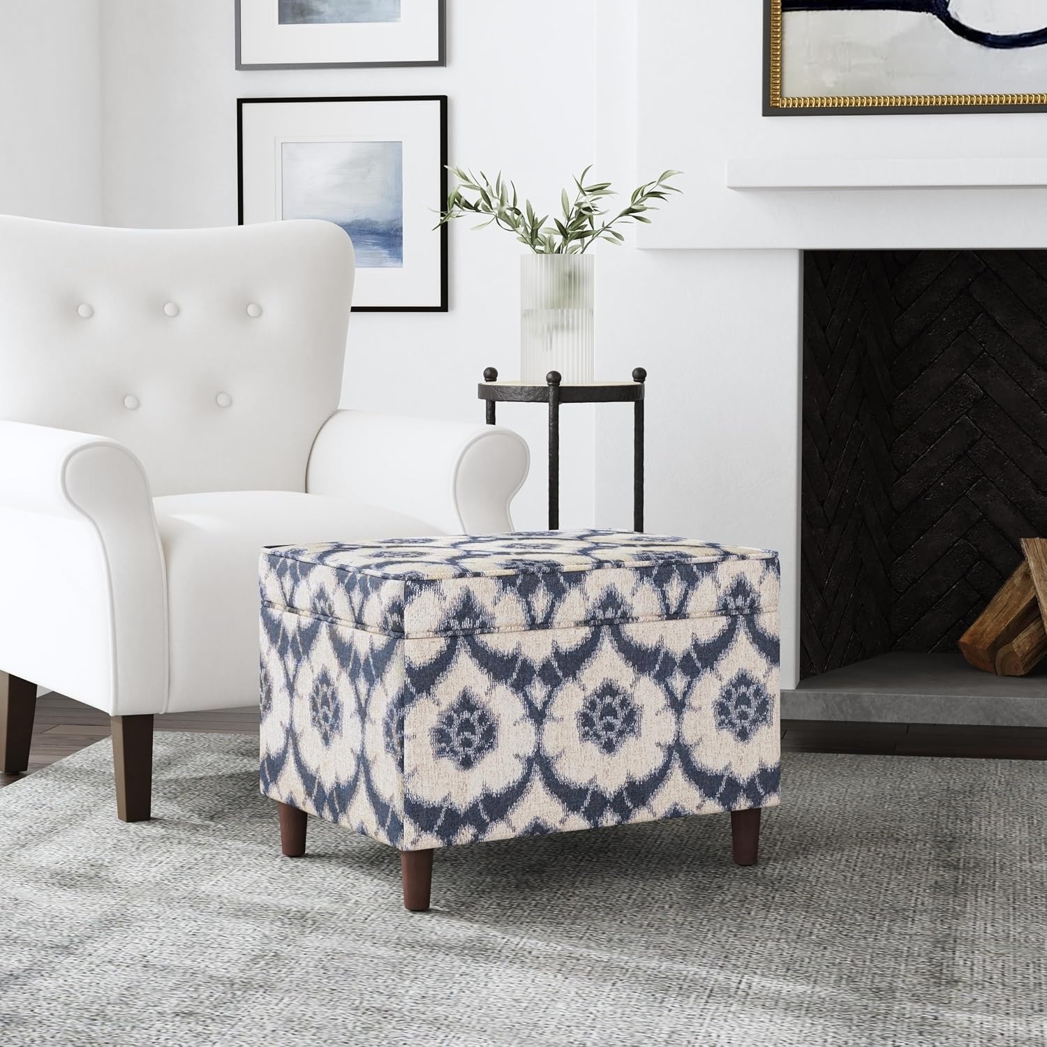 image:imageSpatial Order 24 Medium Tufted Storage Ottoman Espresso Brown Faux LeatherBlue Medallion Print