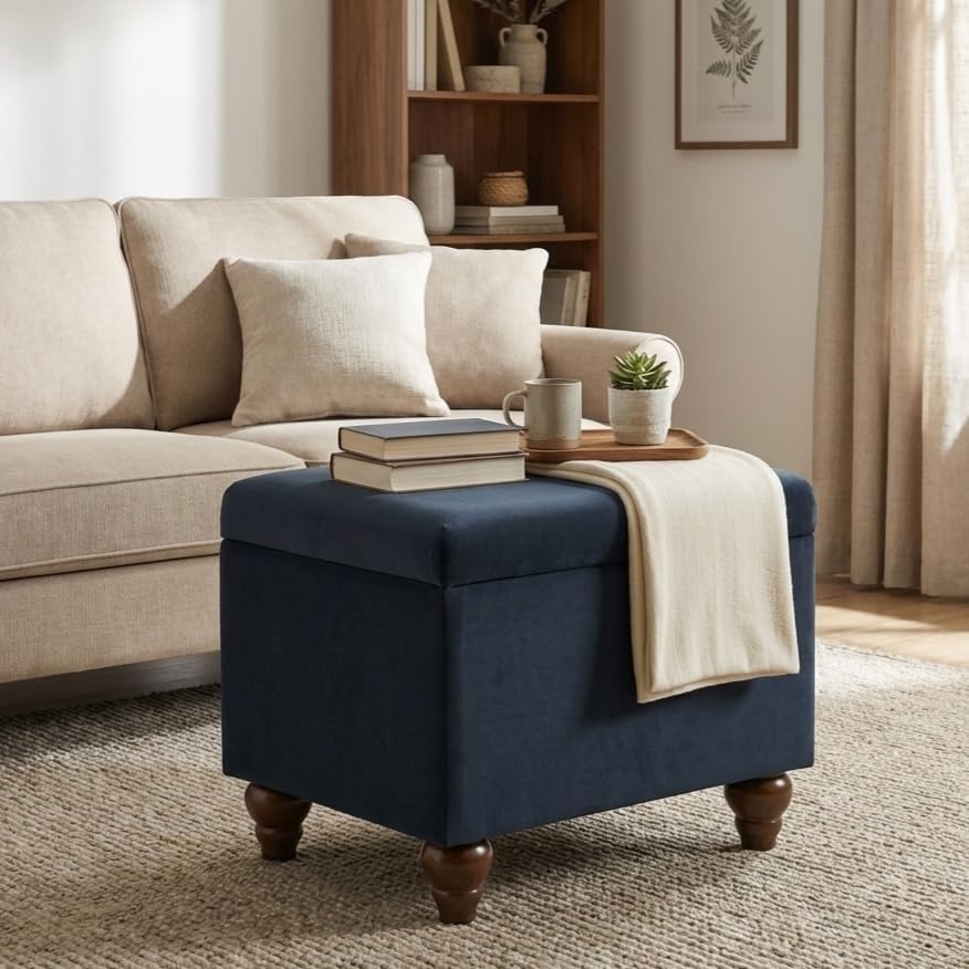 image:imageSpatial Order 24 Medium Tufted Storage Ottoman Espresso Brown Faux LeatherBlue Velvet